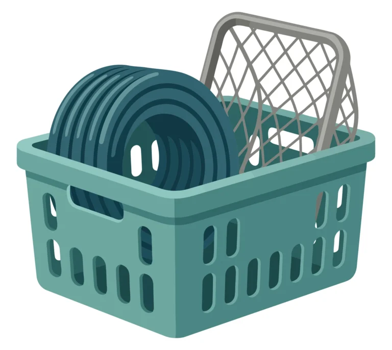 plastic storage basket containing a coiled garden hose and a metal mesh rack, utility container for organizing household or gardening tools,