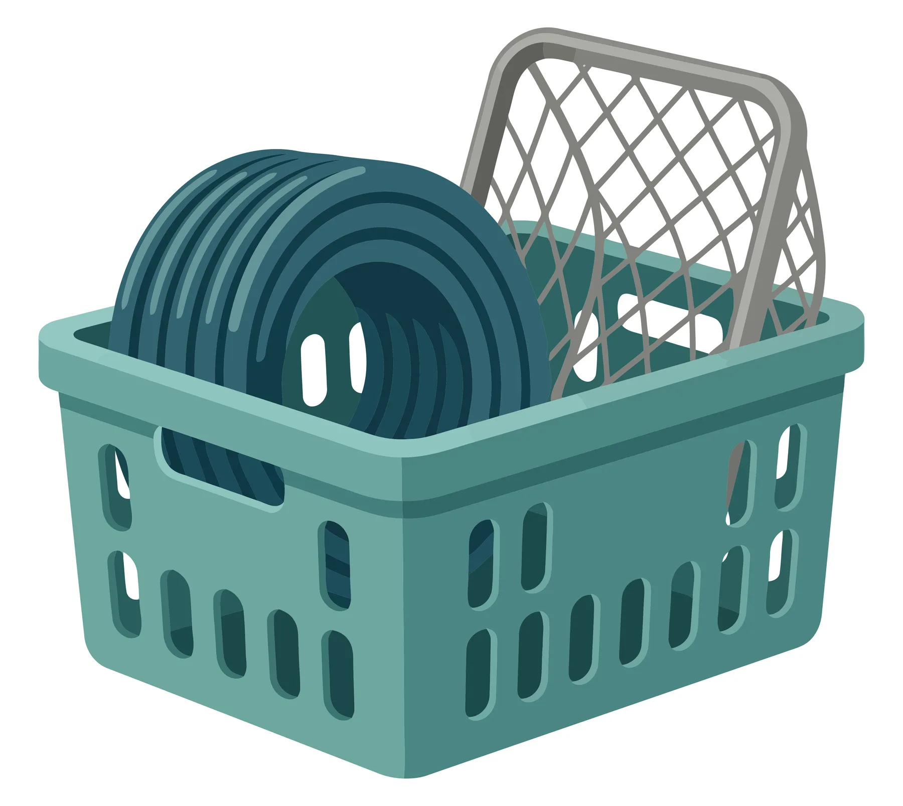 plastic storage basket containing a coiled garden hose and a metal mesh rack, utility container for organizing household or gardening tools,