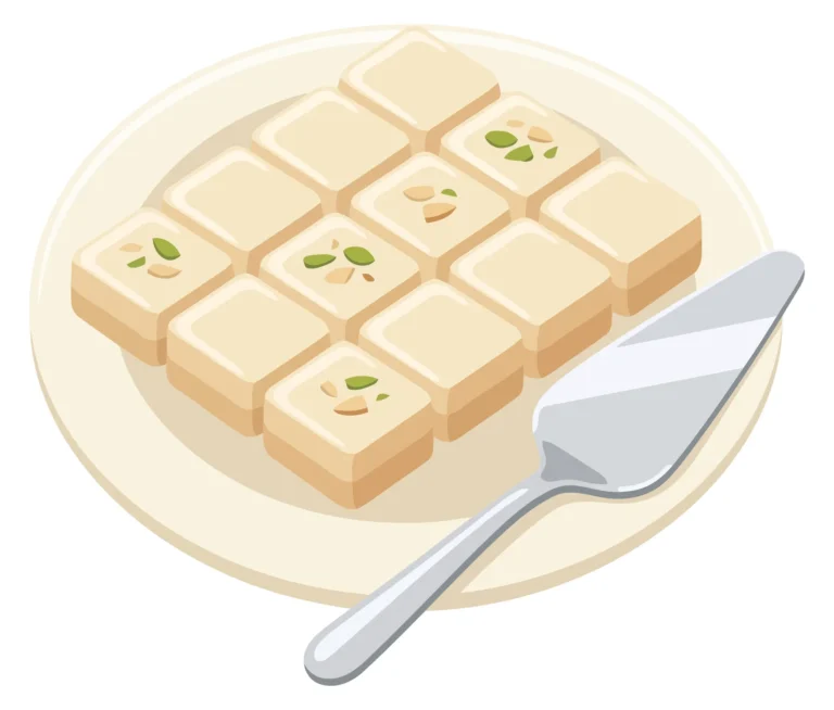 plate of delicious indian milk sweets burfi garnished with nuts, with a cake server, vector illustration
