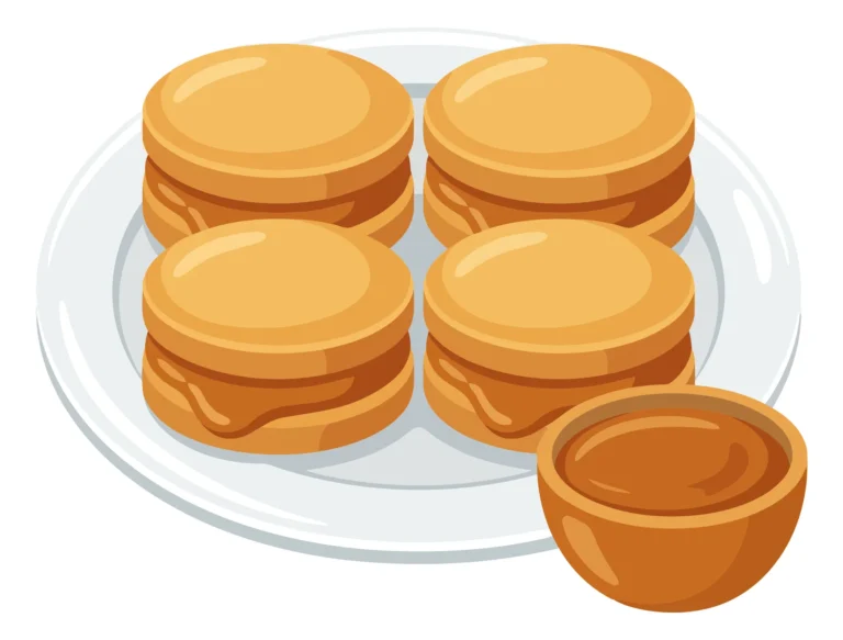 plate of layered biscuits with caramel sauce and small bowl of sauce