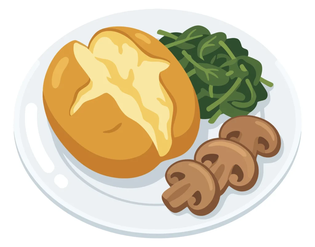 Baked Potato with Mushrooms and Spinach on a Plate plate with baked potato, mushrooms and spinach