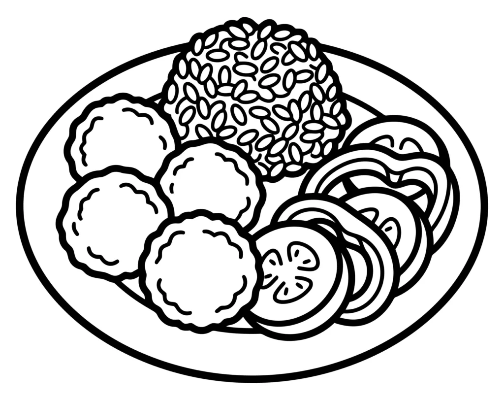 Illustration of a plate with rice, meatballs, and sliced tomatoes plate with rice, meatballs and sliced tomatoes