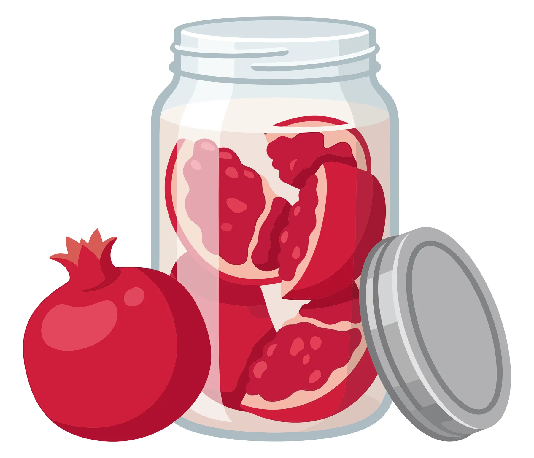 pomegranate pieces in a glass jar and fresh fruit isolated on white background