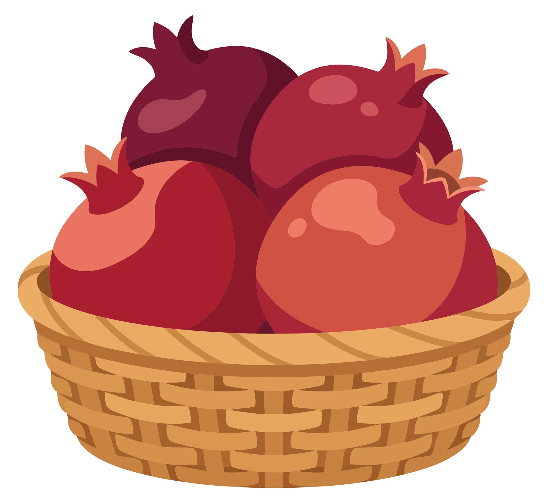 pomegranates in a woven basket isolated on white background