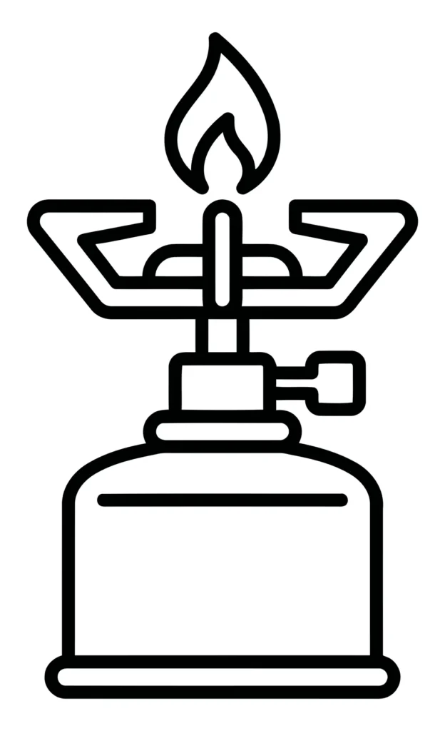 portable camping gas stove with burning flame icon, linear style vector illustration