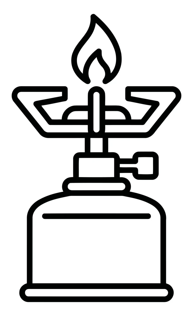 portable camping gas stove with burning flame icon, linear style vector illustration