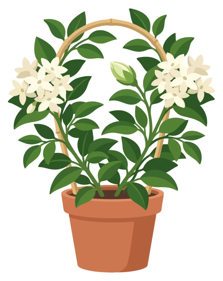 potted jasmine plant with white flowers on a trellis