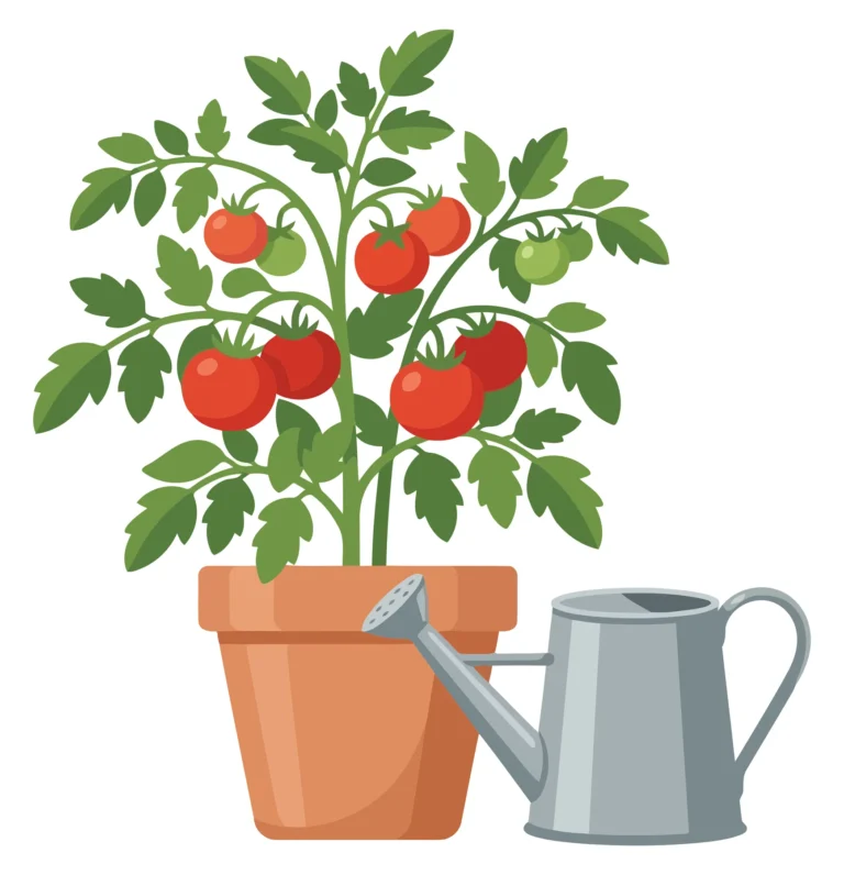 potted tomato plant with red ripe tomatoes and a metal watering can isolated on white background