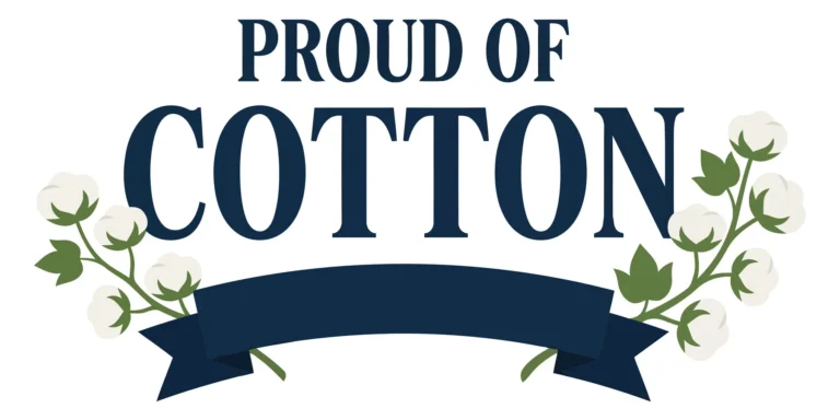 Proud of Cotton Logo with Floral Branches and Ribbon