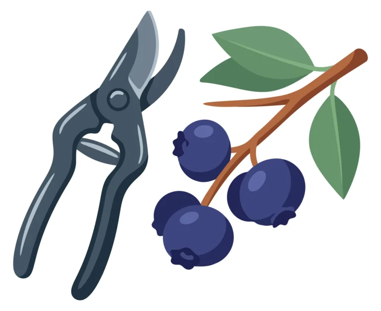 Pruning Shears and Blueberry Branch Flat Vector Illustration