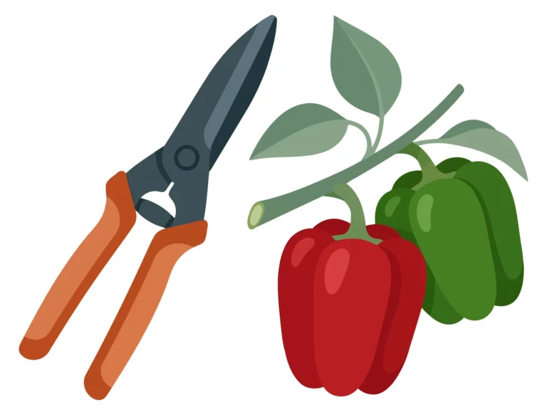 pruning shears and bell peppers on vine with leaves vector illustration