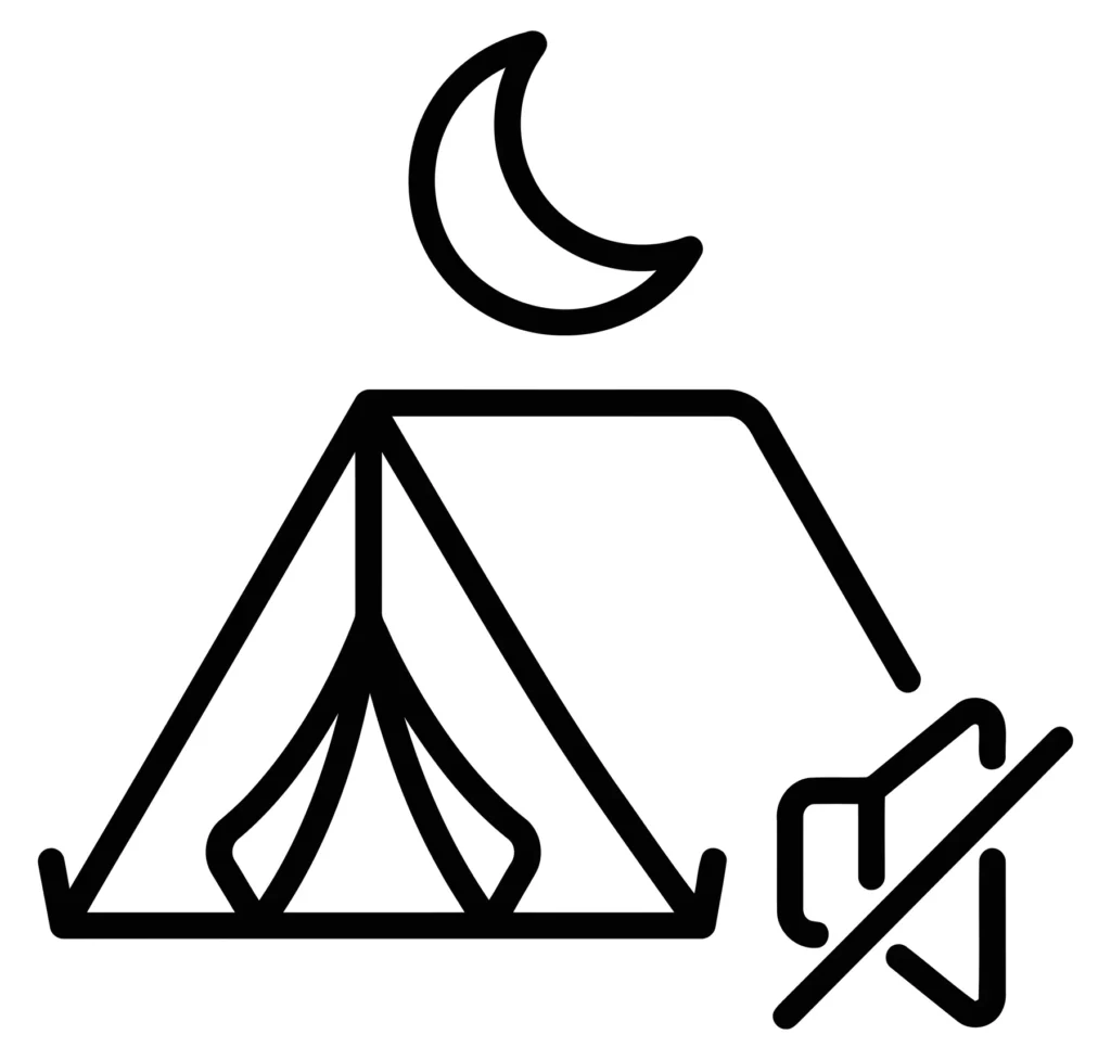quiet hours icon for camping, tent symbol with a crescent moon and a muted speaker sign representing nighttime noise restrictions at a campg
