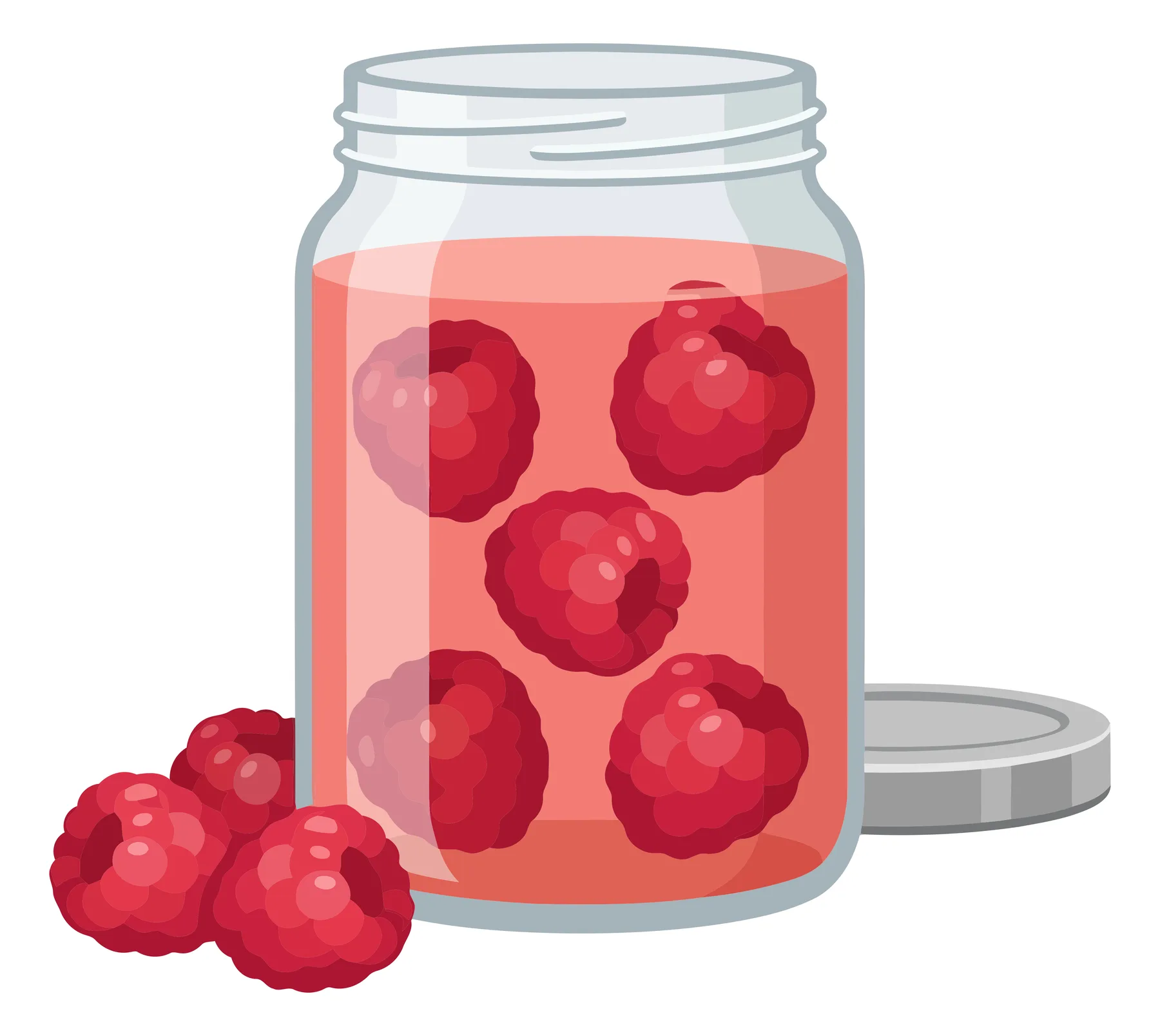 raspberries in a glass jar and fresh berries isolated on white background