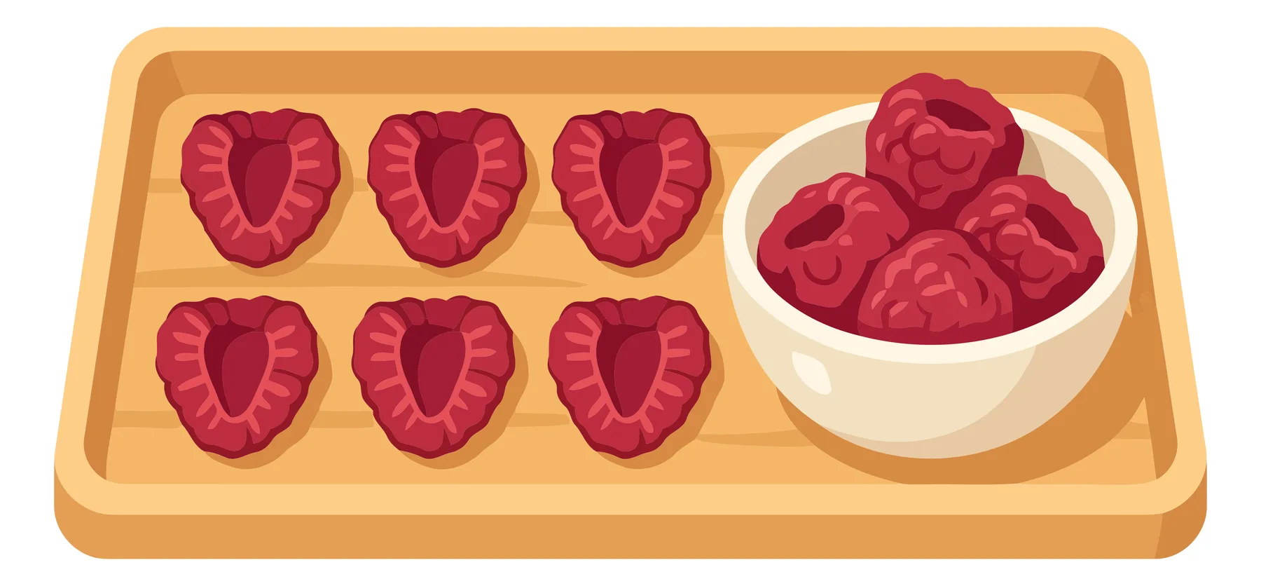 raspberries in wooden tray and ceramic bowl illustration vector