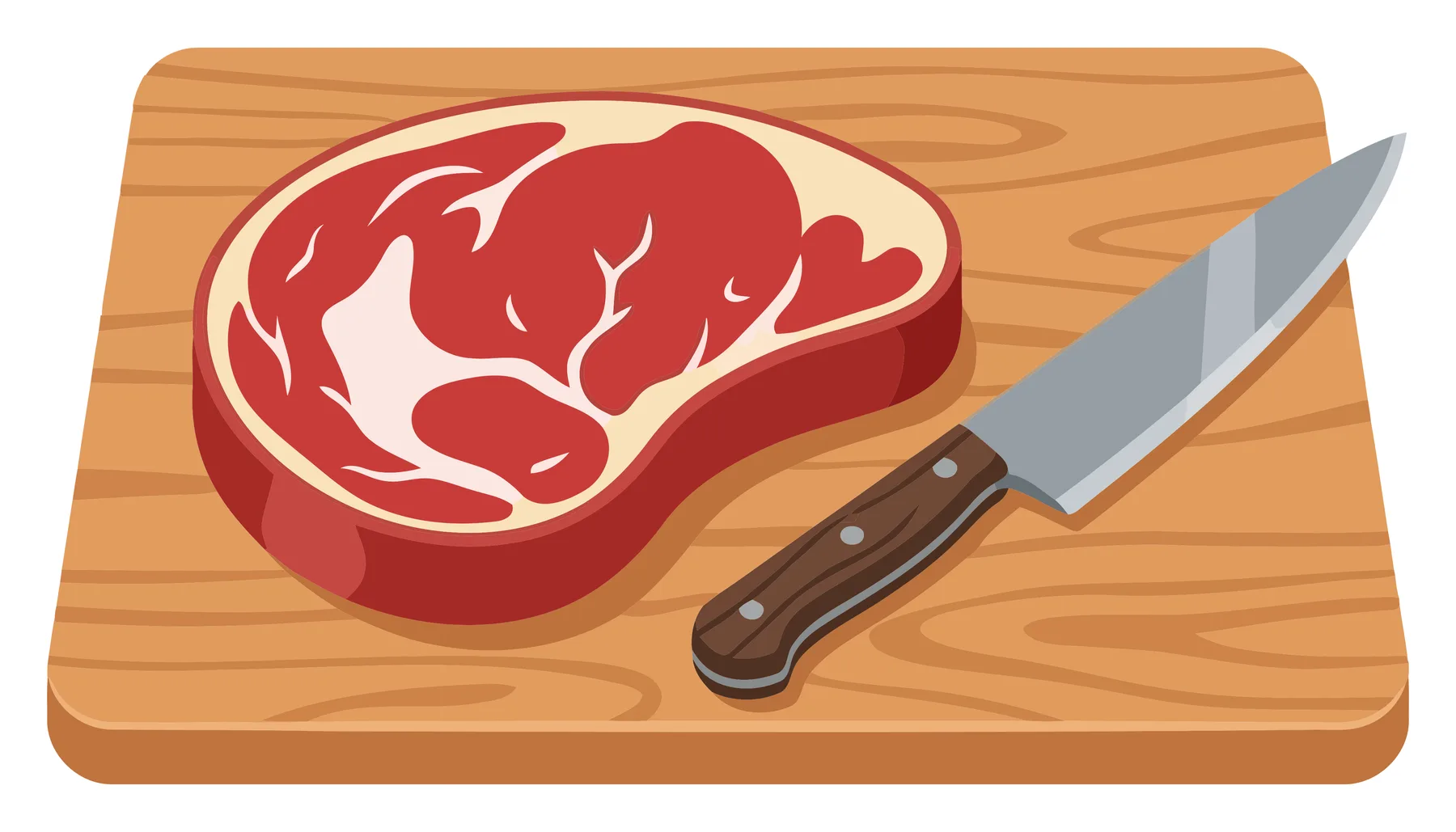 raw beef steak on a wooden cutting board with a kitchen knife, vector illustration of fresh meat for cooking or culinary design