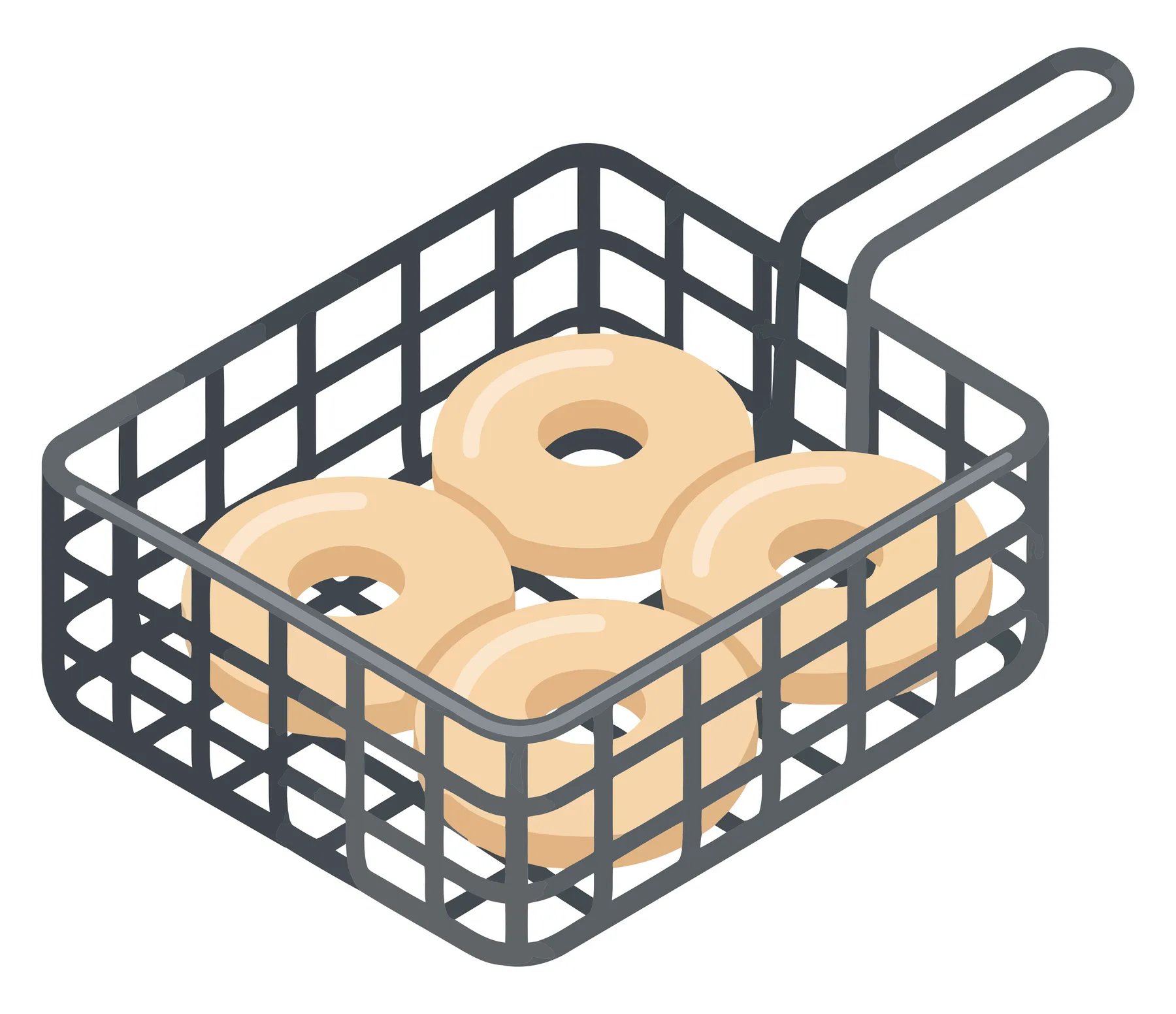 raw donuts in a deep fryer wire basket ready for frying, isolated on white background