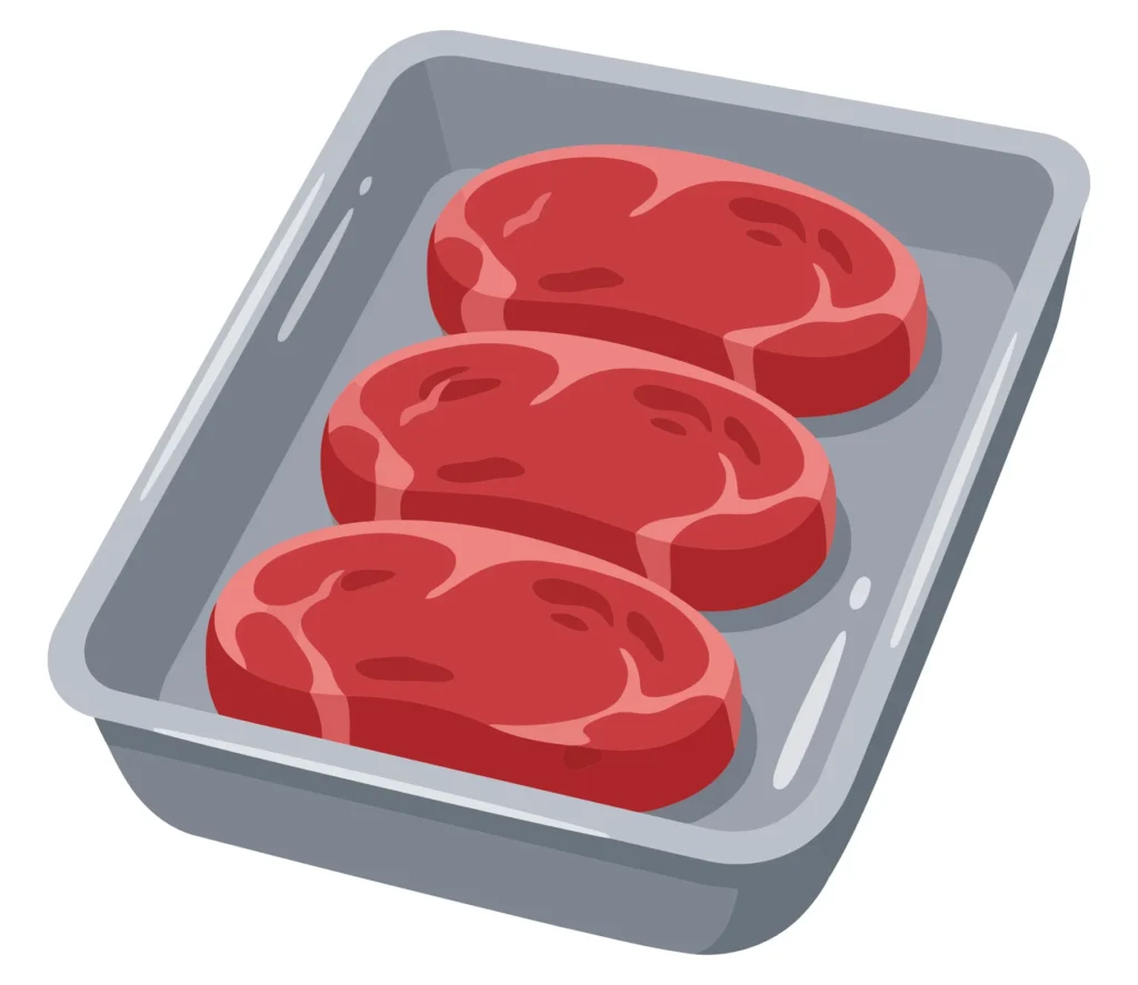 raw meat steaks in a tray isolated on white background