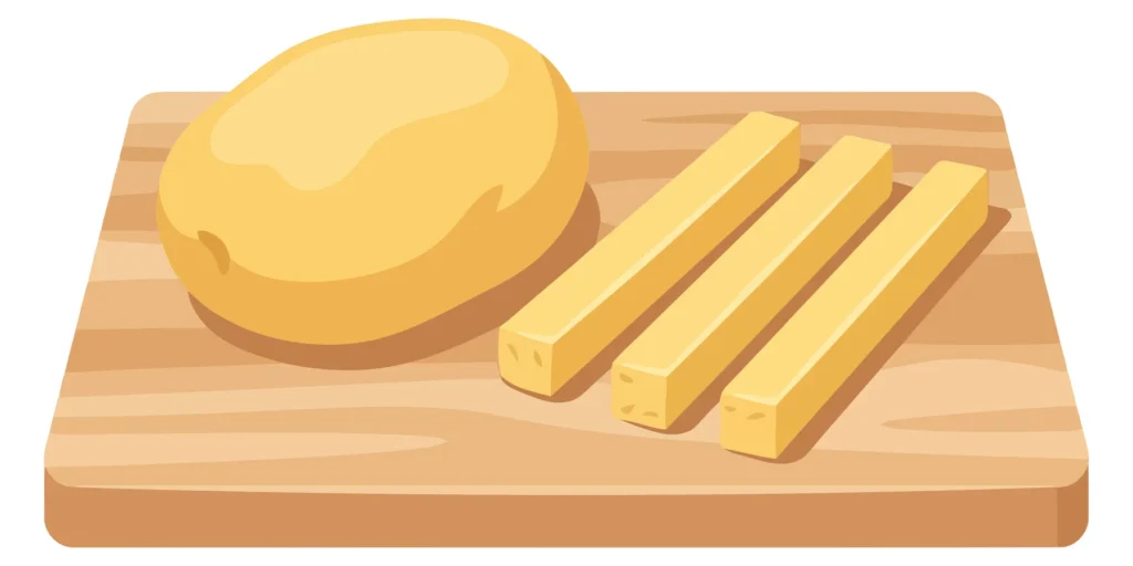 raw potato and cut potato sticks on a wooden cutting board