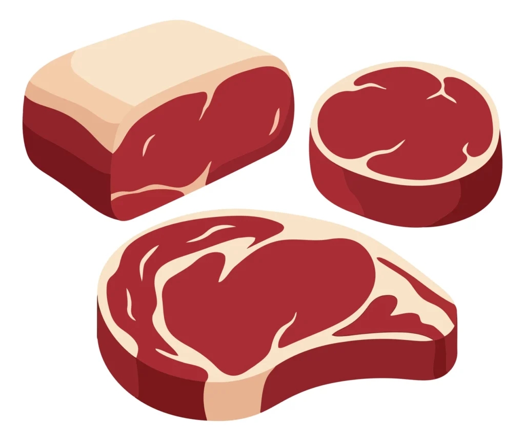 raw red meat cuts steaks and roast isolated on white background