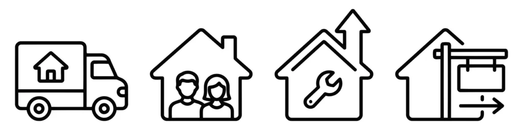 real estate and moving service icons including truck, family home, renovation, and property for sale sign