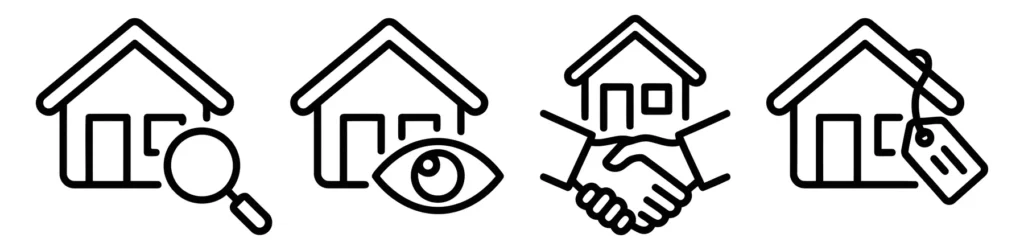 real estate and property icons featuring house with magnifying glass, eye, handshake, and price tag