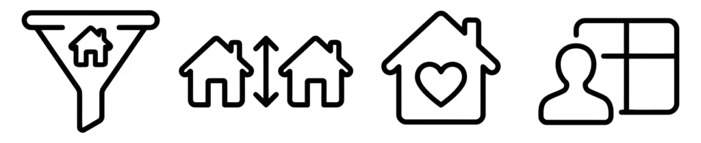 real estate search and preference line icons set property filter, size comparison, favorite home, and tenant symbols housing selection vecto