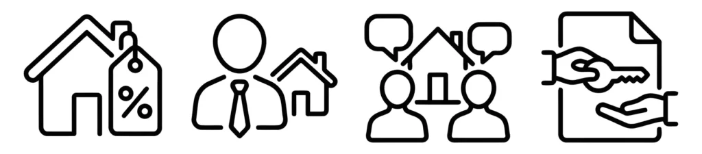 real estate transaction process line icons set house sale, agent, negotiation, and key exchange symbols property buying and selling vector i