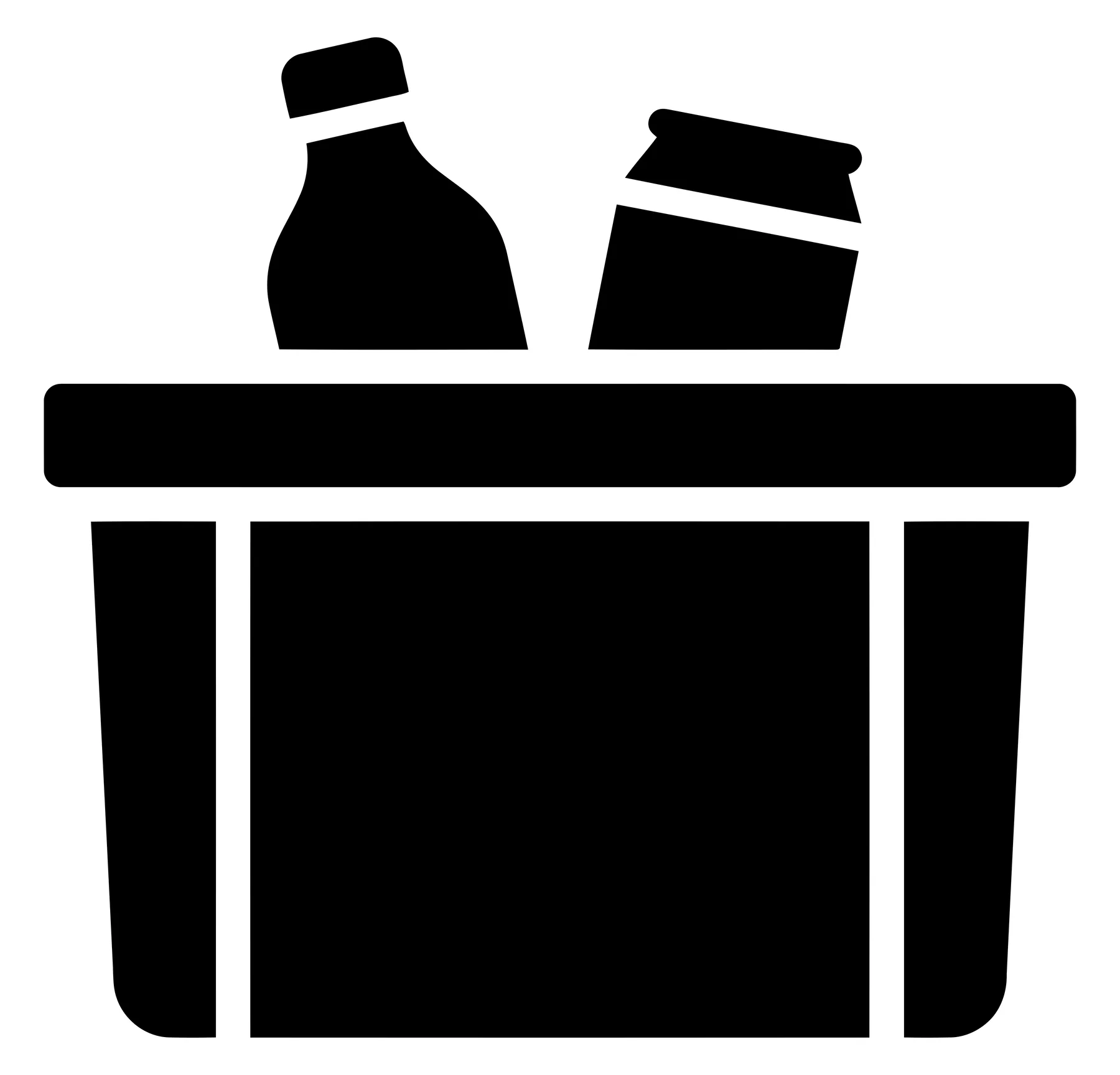Black recycling bin icon with plastic bottle and metal can
