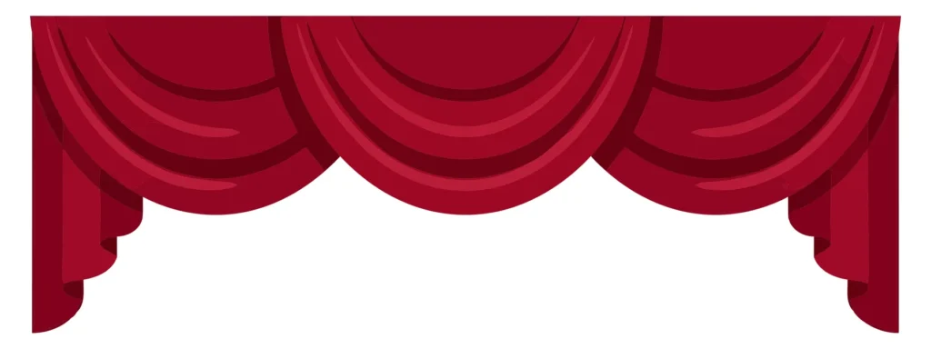 red curtain valance with swags and jabots