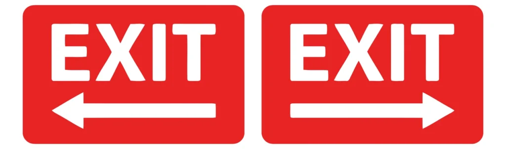 red exit signs with left and right white arrows pointing directions