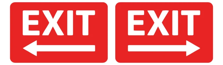 red exit signs with left and right white arrows pointing directions