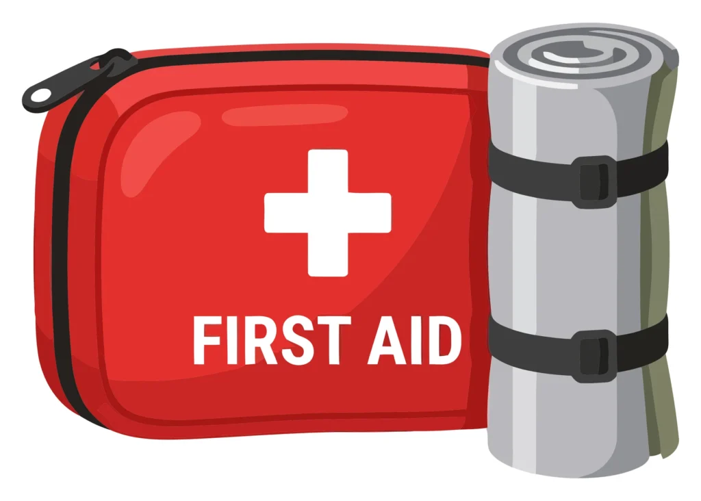red first aid kit bag with medical cross and rolled sleeping mat isolated on white background