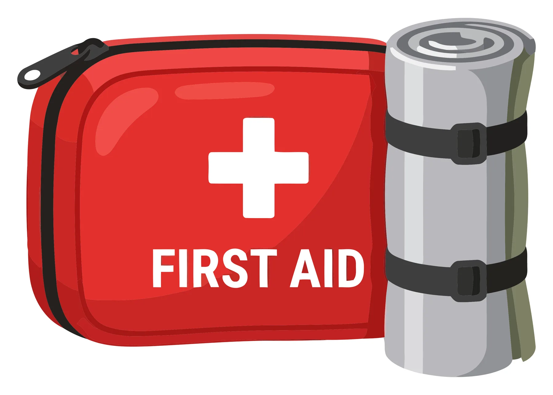 red first aid kit bag with medical cross and rolled sleeping mat isolated on white background