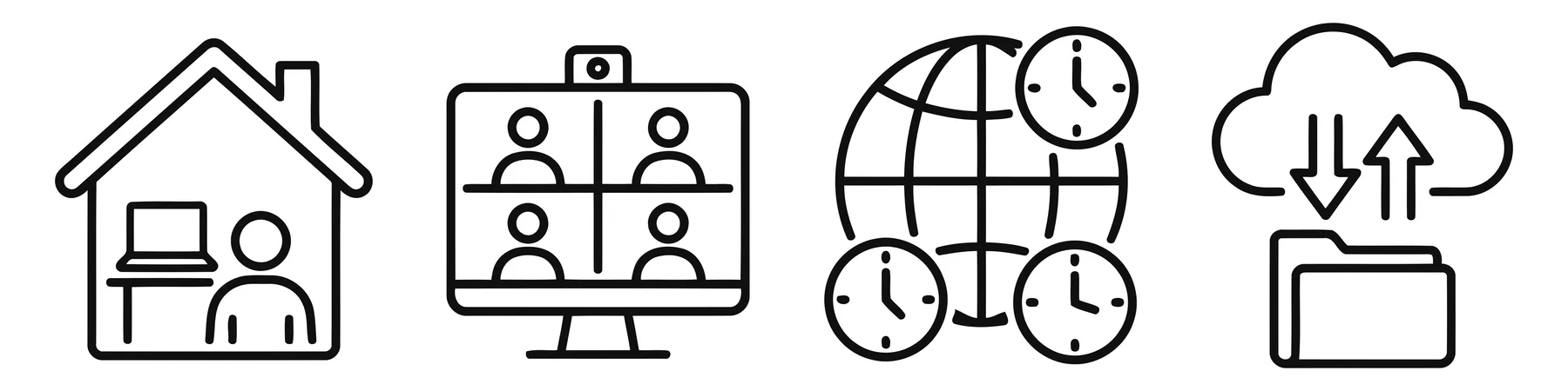 remote work and global communication icons featuring home office, video conference, time zones, and cloud storage