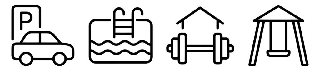 residential building amenities icons including parking, swimming pool, gym, and playground