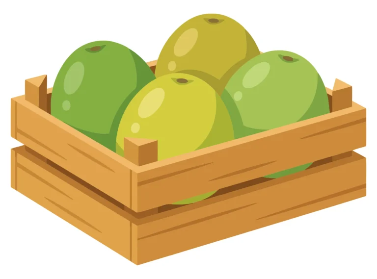 ripe green apples in a wooden crate isolated on white background