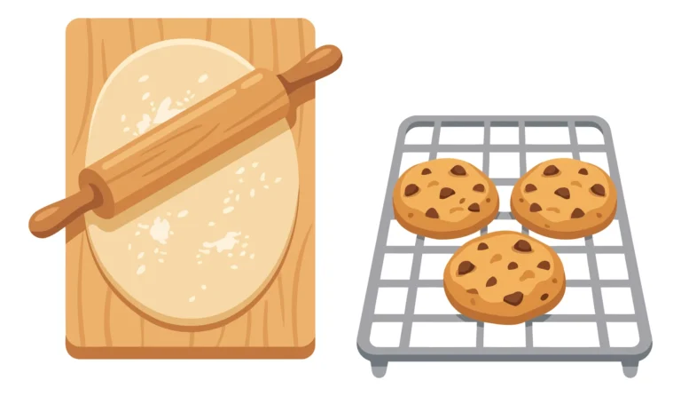 rolling pin on dough and chocolate chip cookies on cooling rack