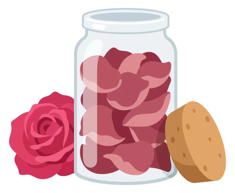 rose petal jam in glass jar with rose flower and cork isolated on white background
