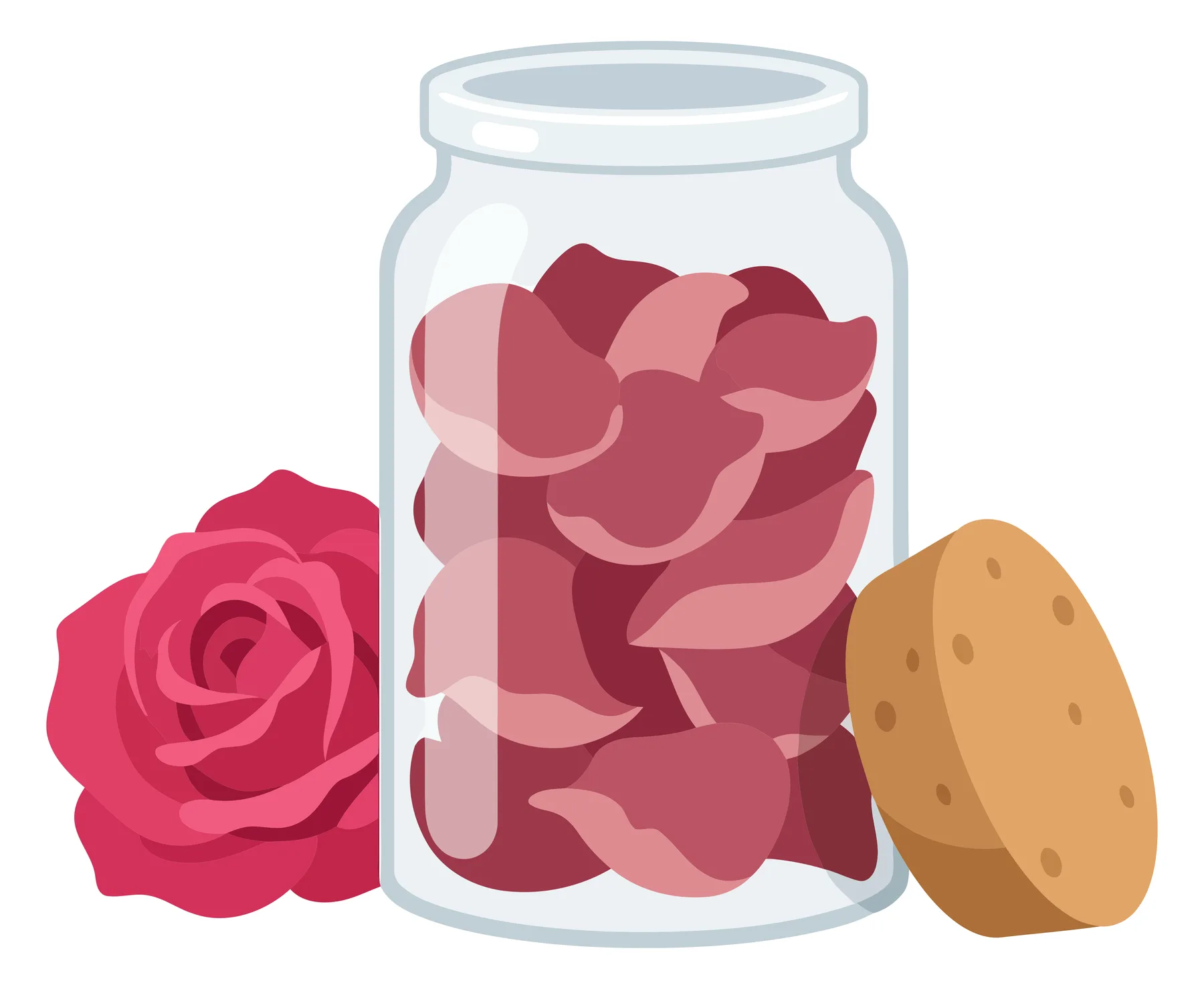 rose petal jam in glass jar with rose flower and cork isolated on white background