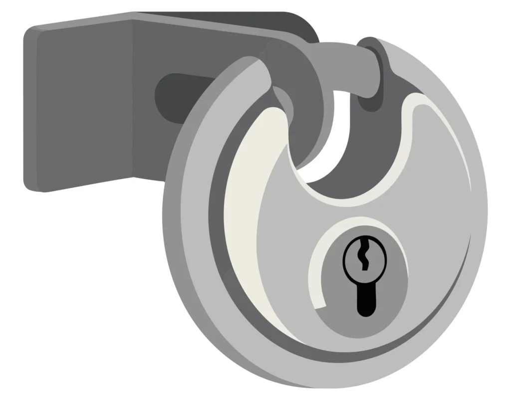 round disc padlock with a metal bracket