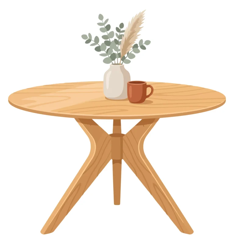 Minimalist wooden table with vase and coffee mug