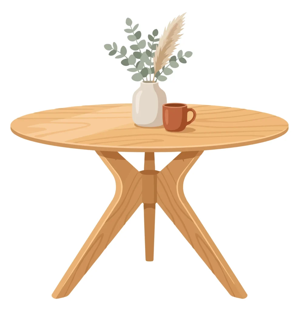 round wooden table with vase and mug