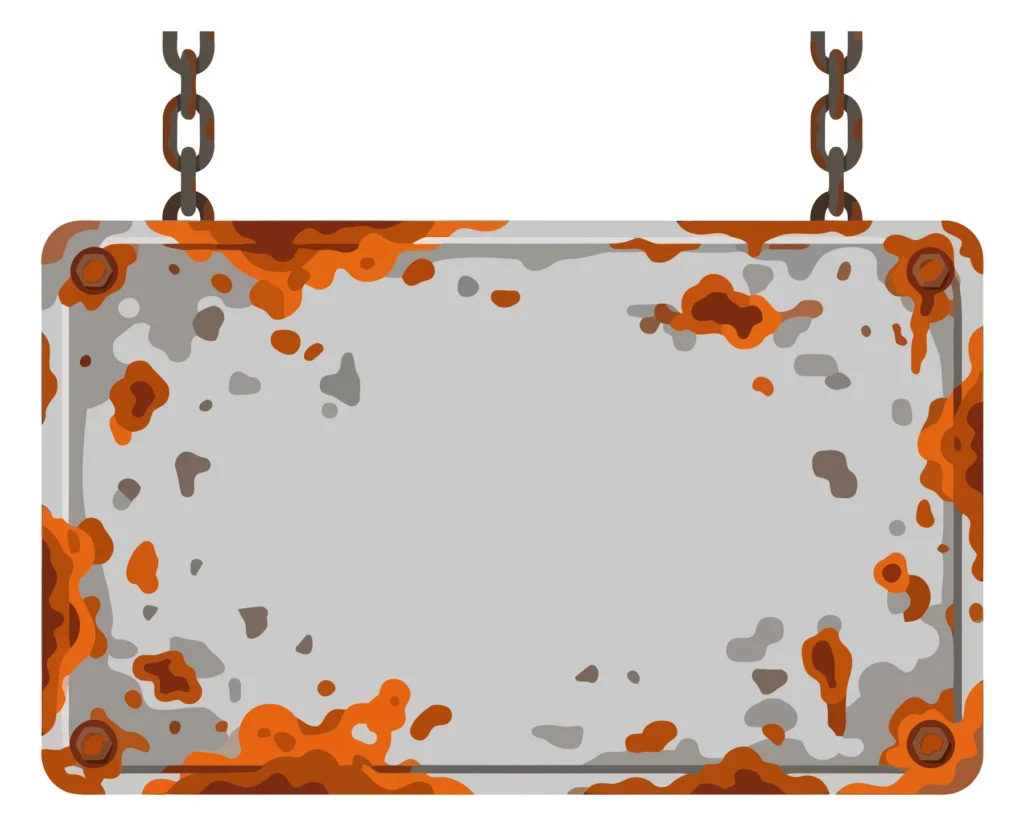 rusty old metal sign hanging on chains, weathered blank iron plate vector illustration
