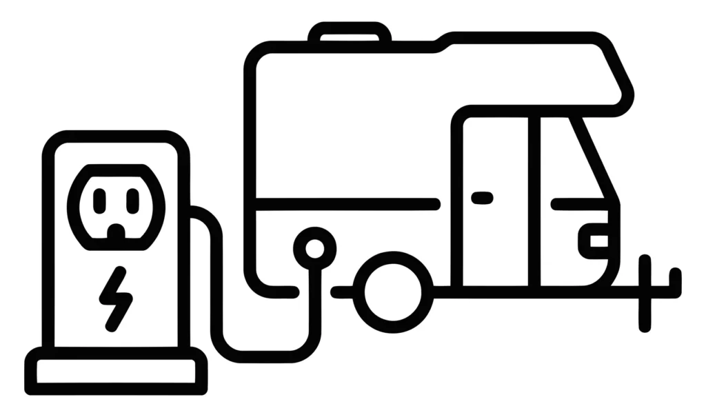 rv camper connected to electrical power hookup icon