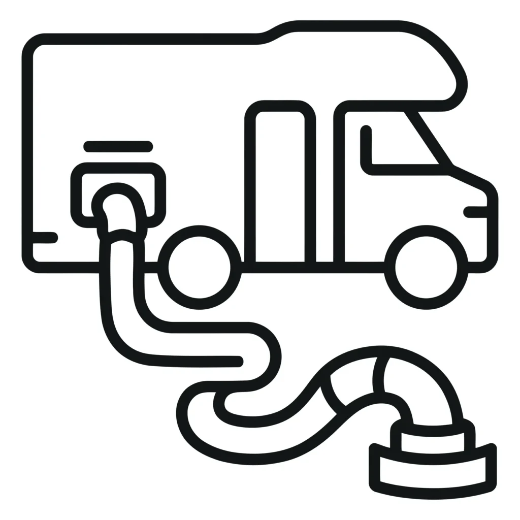 rv camper van with sewer hose connection icon