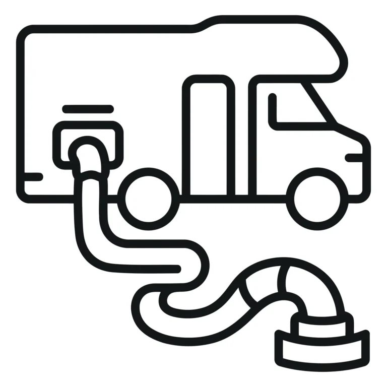 rv camper van with sewer hose connection icon