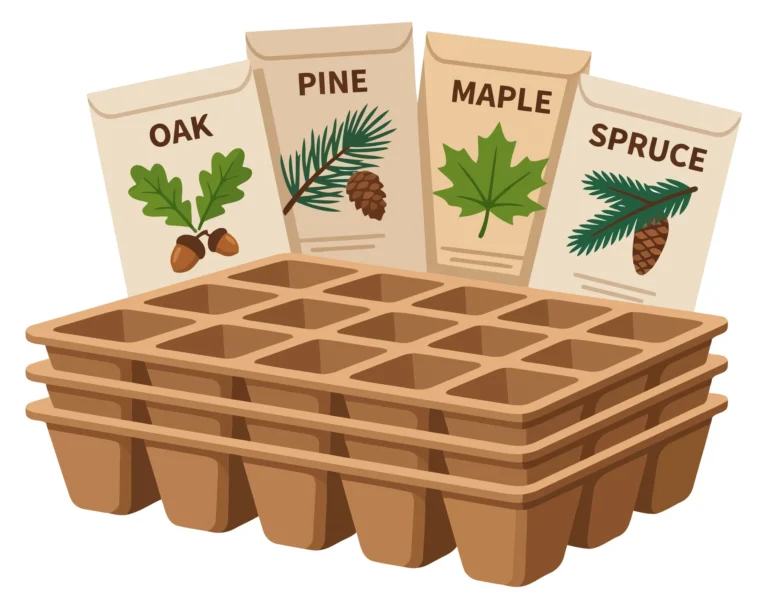 seed packets for oak, pine, maple, and spruce trees arranged behind a brown biodegradable seedling starter tray for gardening and planting p