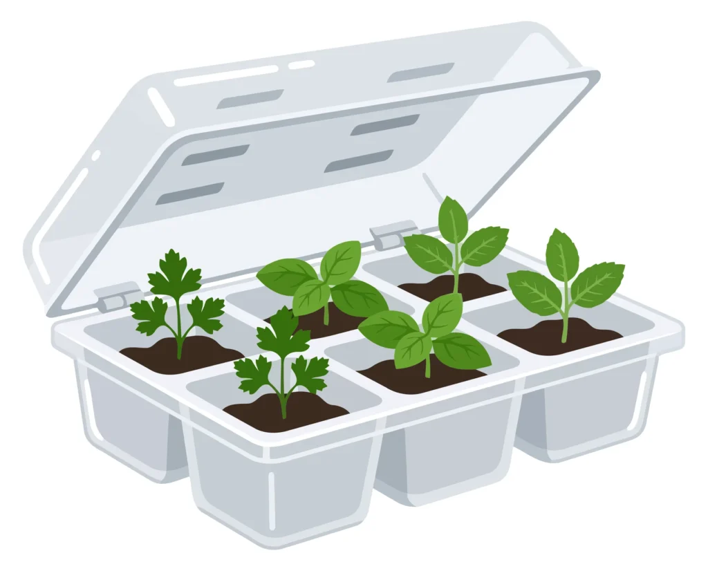seedling starter tray with small green plants in soil
