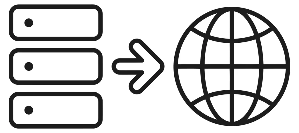 server data migration to global network icon, representing cloud computing and internet connectivity