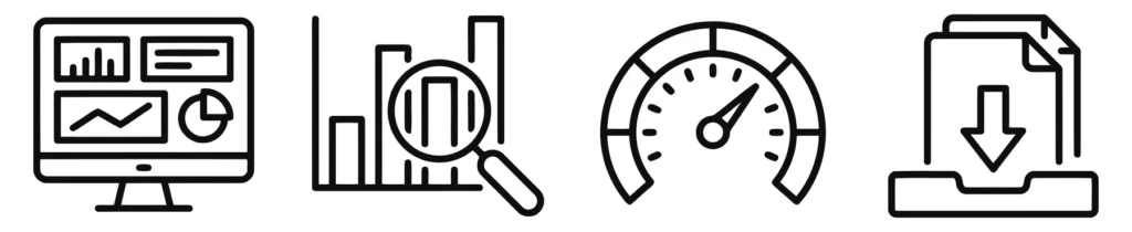 set of business and data analysis line icons including dashboard, chart analysis, performance gauge, and document download